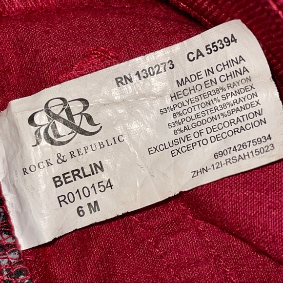 Rock & Republic Poison Apple Red Berlin Skinny Corduroy Pants Size 6 - Picture 8 of 16